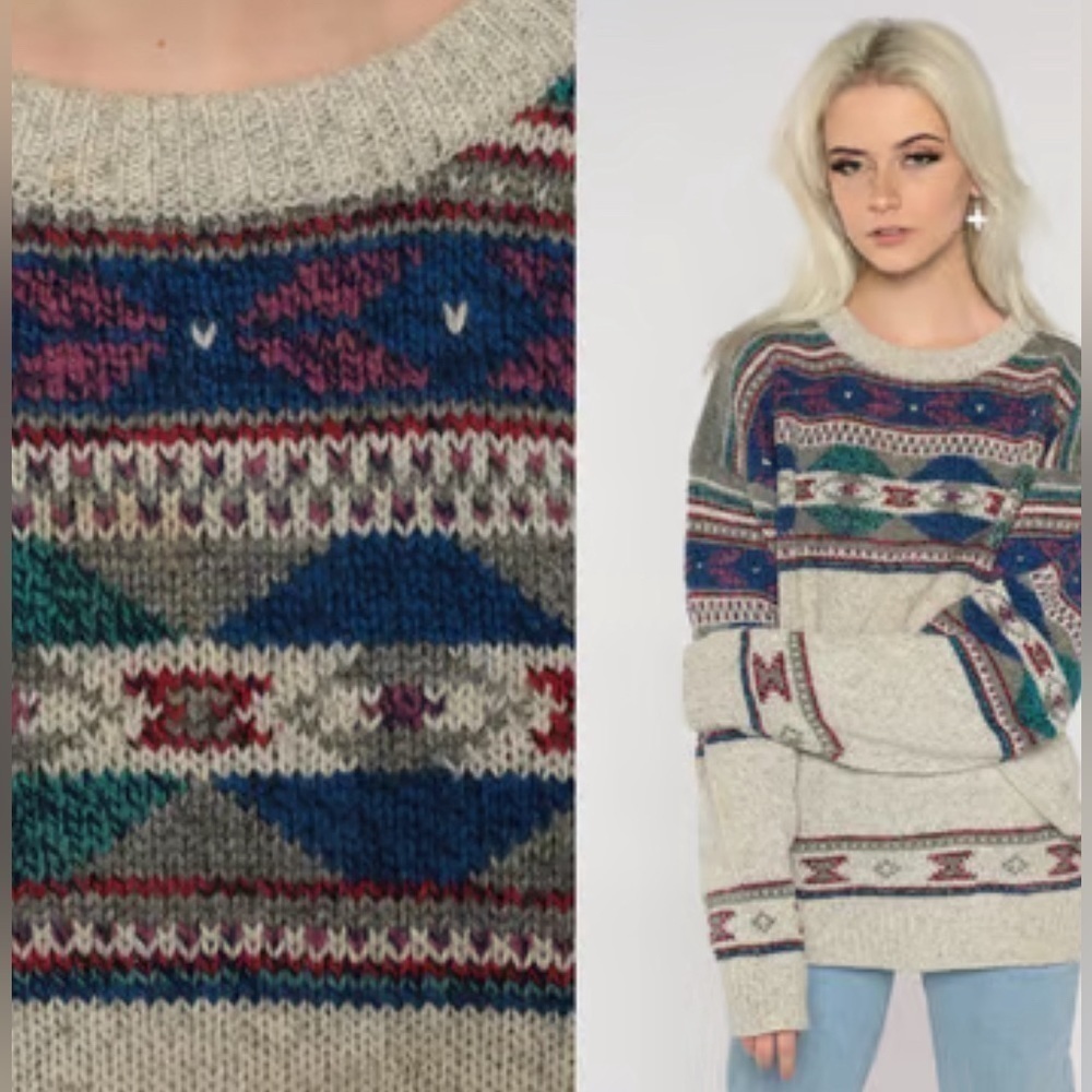 Vintage Geometric Woolrich Sweater 80s Grunge Grey Jacquard Prin